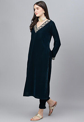 Hand Embroidered Velvet Pakistani Suit in Navy Blue