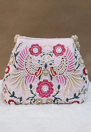 Hand Embroidered Velvet Potli Bag in Baby Pink