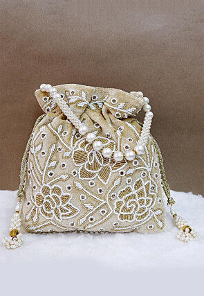 Hand Embroidered Velvet Potli Bag in Beige
