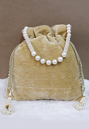 Hand Embroidered Velvet Potli Bag in Beige