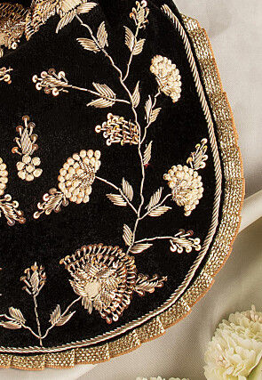 Hand Embroidered Velvet Potli Bag in Black