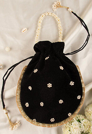 Hand Embroidered Velvet Potli Bag in Black
