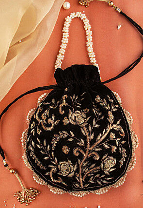 Hand Embroidered Velvet Potli Bag in Black