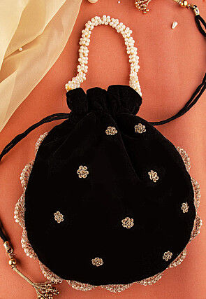 Hand Embroidered Velvet Potli Bag in Black