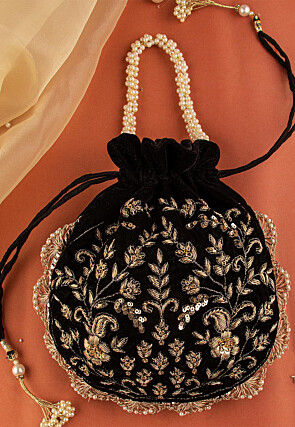 Hand Embroidered Velvet Potli Bag in Black