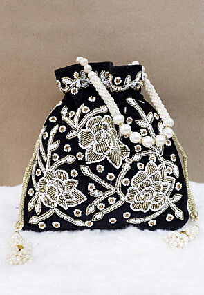 Hand Embroidered Velvet Potli Bag in Black