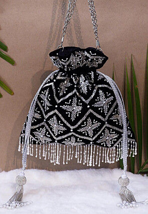 Hand Embroidered Velvet Potli Bag in Black