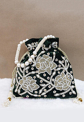 Hand Embroidered Velvet Potli Bag in Dark Green