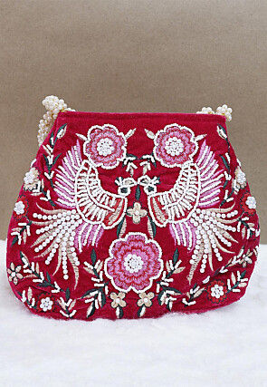 Hand Embroidered Velvet Potli Bag in Fuchsia