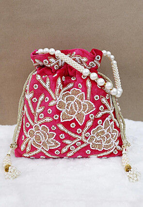 Hand Embroidered Velvet Potli Bag in Fuchsia
