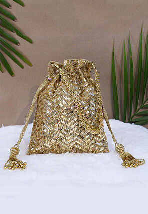 Hand Embroidered Velvet Potli Bag in Golden