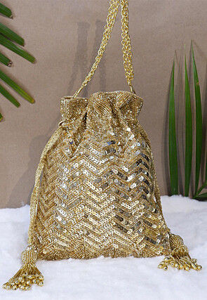 Hand Embroidered Velvet Potli Bag in Golden
