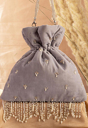 Hand Embroidered Velvet Potli Bag in Grey