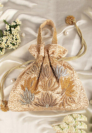 Hand Embroidered Velvet Potli Bag in Light Beige