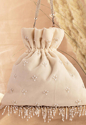 Hand Embroidered Velvet Potli Bag in Off White