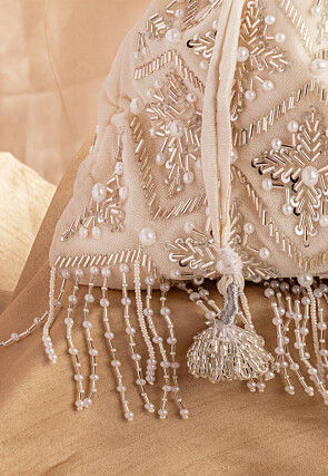 Hand Embroidered Velvet Potli Bag in Off White
