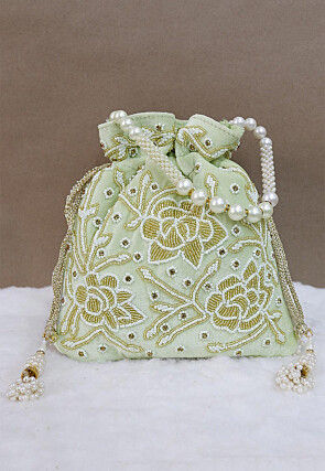 Hand Embroidered Velvet Potli Bag in Pastel Green