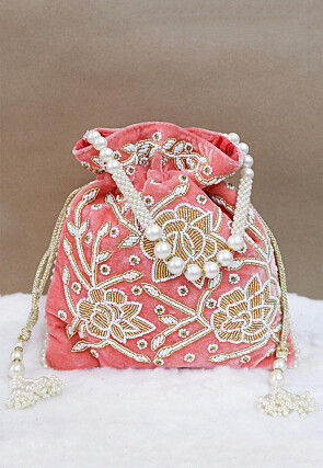 Hand Embroidered Velvet Potli Bag in Peach