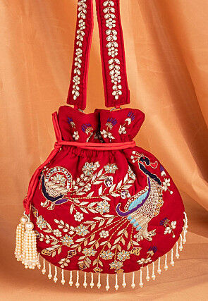 Hand Embroidered Velvet Potli Bag in Red