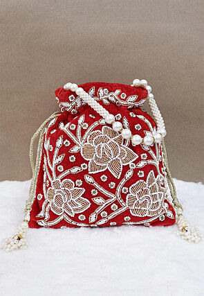 Hand Embroidered Velvet Potli Bag in Red