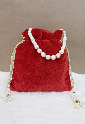 Hand Embroidered Velvet Potli Bag in Red