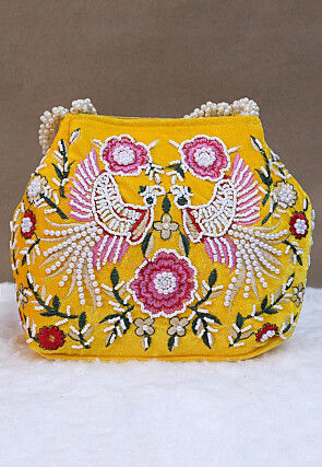 Hand Embroidered Velvet Potli Bag in Yellow