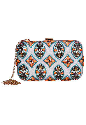 Hand Embroidered Velvet Rectangular Clutch Bag in Off White
