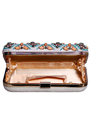 Hand Embroidered Velvet Rectangular Clutch Bag in Off White