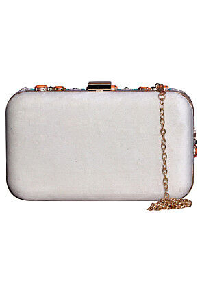 Hand Embroidered Velvet Rectangular Clutch Bag in Off White