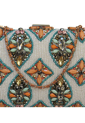 Hand Embroidered Velvet Rectangular Clutch Bag in Off White