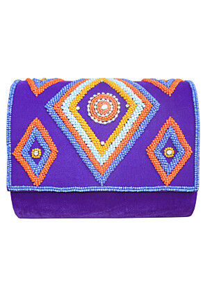 Hand Embroidered Velvet Rectangular Clutch Bag in Purple