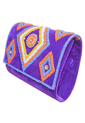 Hand Embroidered Velvet Rectangular Clutch Bag in Purple