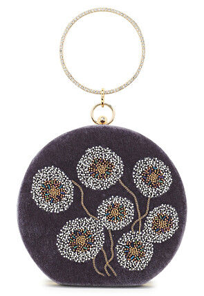 Hand Embroidered Velvet Round Clutch Bag in Grey