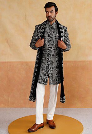 Hand Embroidered Velvet Sherwani in Black