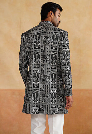 Hand Embroidered Velvet Sherwani in Black
