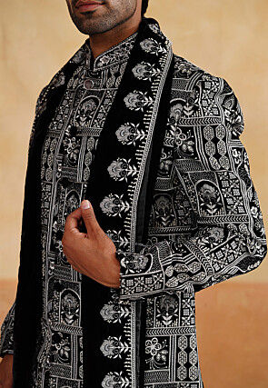 Hand Embroidered Velvet Sherwani in Black