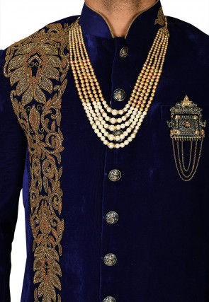 Hand Embroidered Velvet Sherwani in Navy Blue