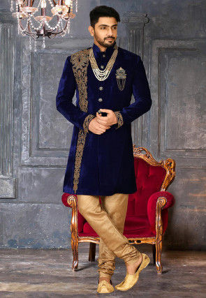 Hand Embroidered Velvet Sherwani in Navy Blue