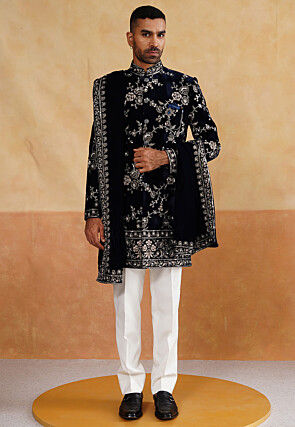 Hand Embroidered Velvet Sherwani in Navy Blue