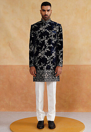 Hand Embroidered Velvet Sherwani in Navy Blue