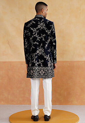 Hand Embroidered Velvet Sherwani in Navy Blue