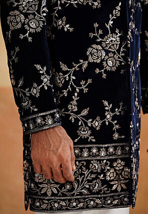 Hand Embroidered Velvet Sherwani in Navy Blue