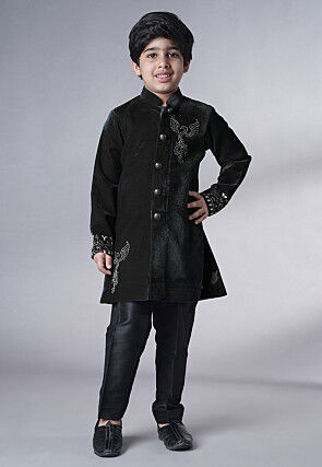 Hand Embroidered Velvet Sherwani Set in Black