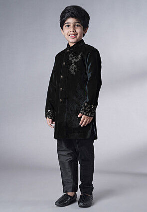Hand Embroidered Velvet Sherwani Set in Black