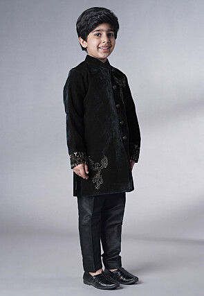 Hand Embroidered Velvet Sherwani Set in Black