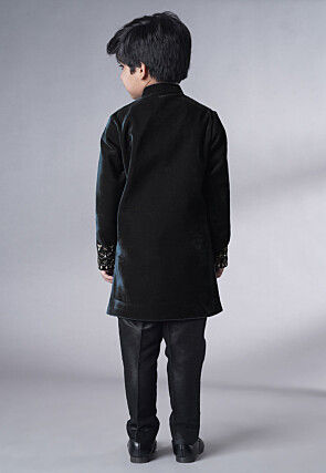 Hand Embroidered Velvet Sherwani Set in Black