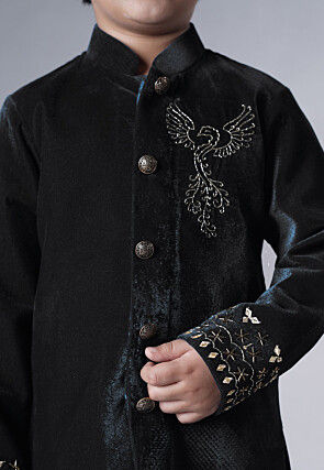 Hand Embroidered Velvet Sherwani Set in Black
