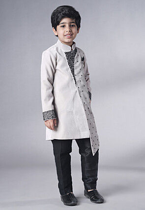 Hand Embroidered Velvet Sherwani Set in Grey
