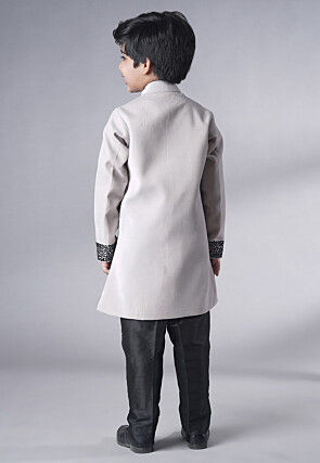 Hand Embroidered Velvet Sherwani Set in Grey