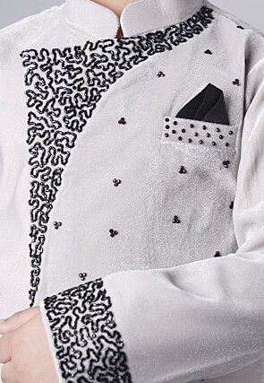 Hand Embroidered Velvet Sherwani Set in Grey
